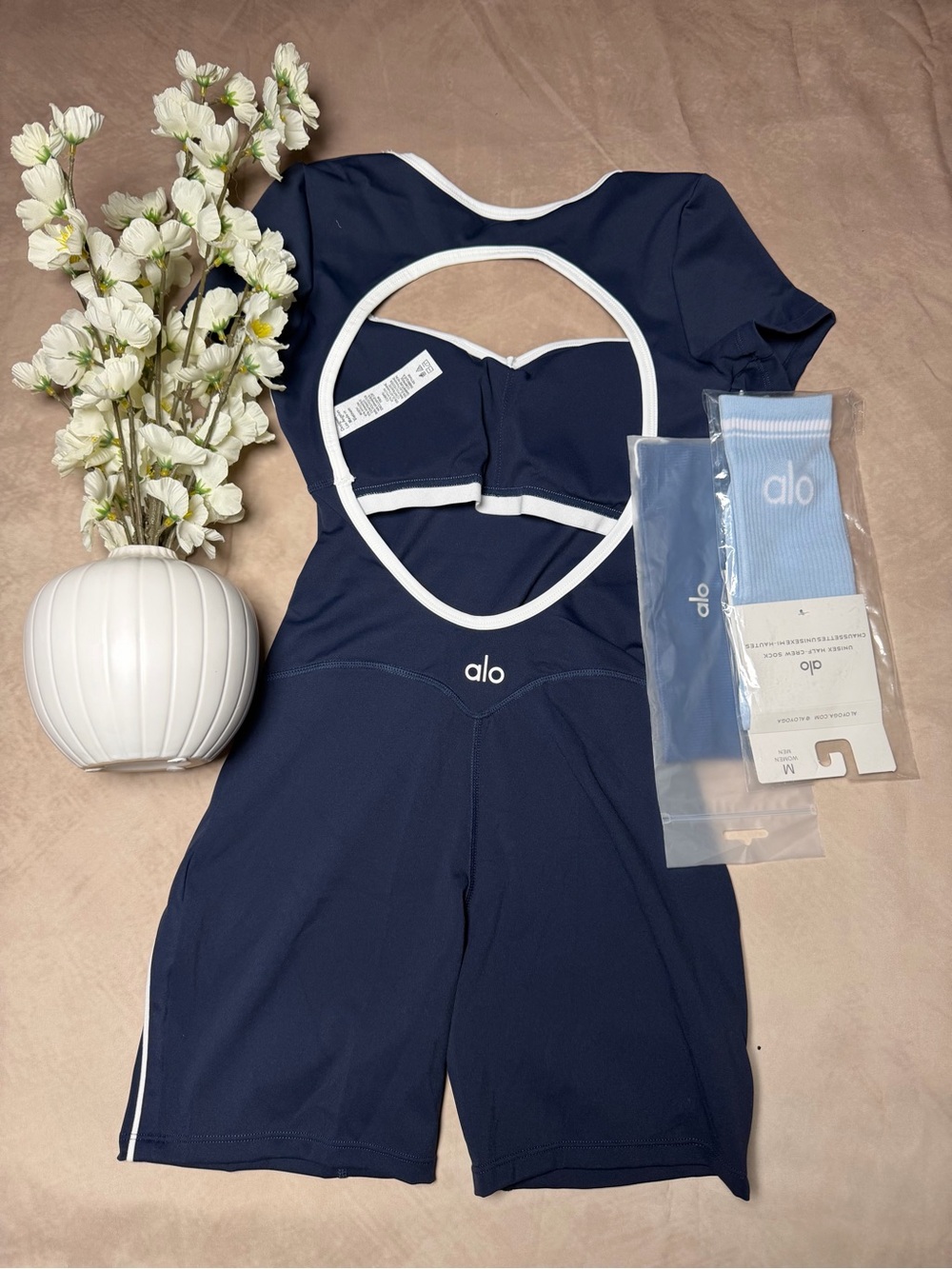 Alo Navy Open-Back Short Romper with White Trim
